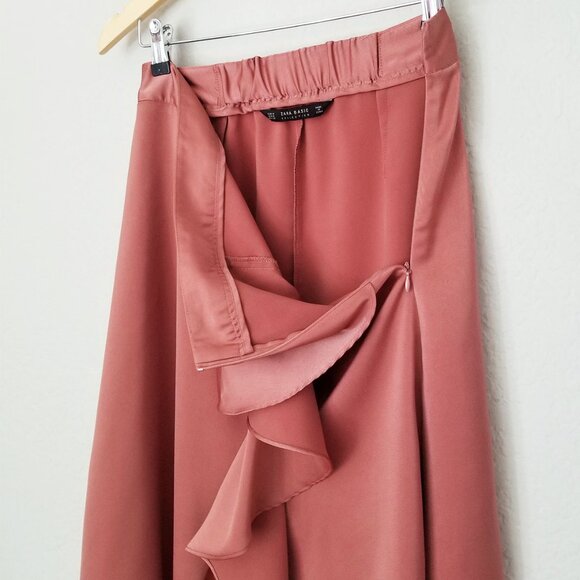 Zara Sateen Silk Satin Asymmetric Ruffle Midi Skirt Mauve Pink Size M Romantic - Picture 13 of 15